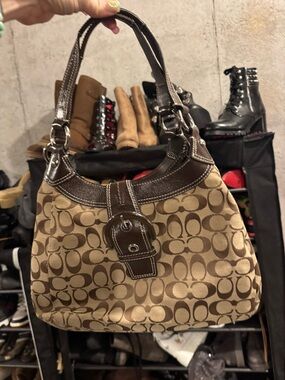 Coach Brown Signature Canvas Shoulder Bag with Dark Brown Trim